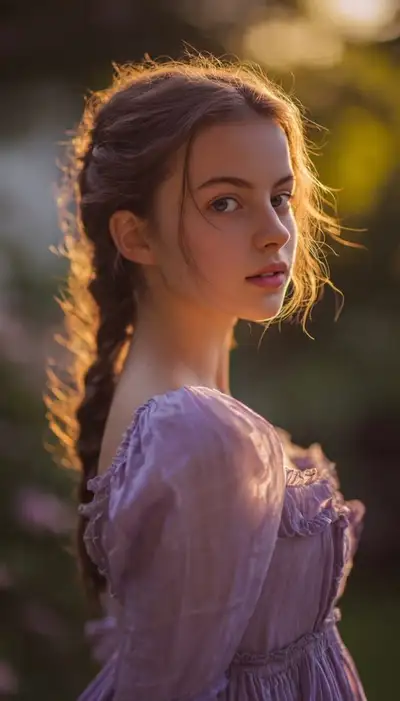 Retrato onírico da hora dourada com vestido lavanda