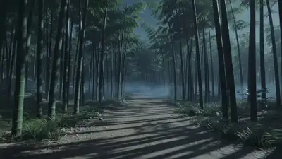 Dense Bamboo Forest at Night with Fireflies