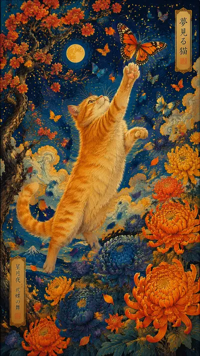 Art Nouveau Cat Chasing Butterflies Illustration