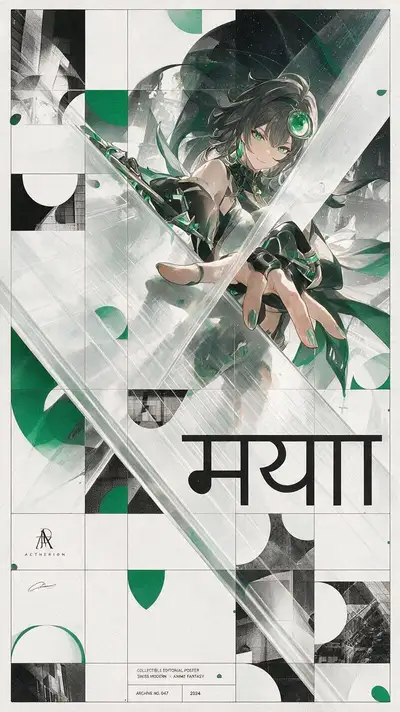 Pôster editorial de anime estilo modernista suíço com tipografia em sânscrito