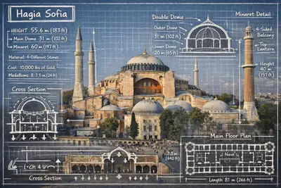 Blueprint infographic overlay on a landmark photograph