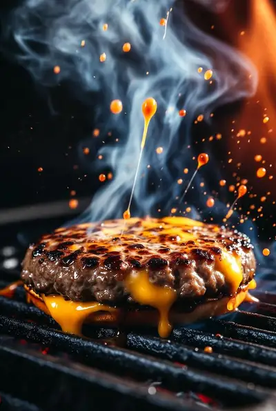 Sizzling gourmet cheeseburger macro shot with dramatic steam and sparks