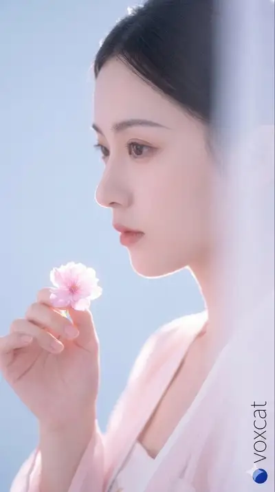 Ancient Chinese woman portrait holding a cherry blossom branch