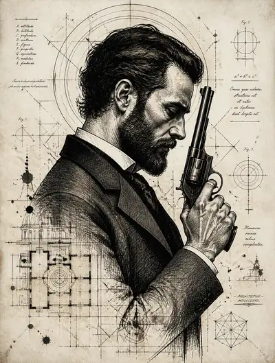 Technical blueprint ink illustration of a man with a revolver