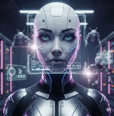 Futuristic Female AI Android with HUD Interface