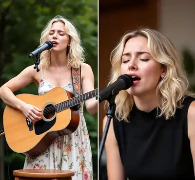 Diptych of a blonde musician singing with guitar