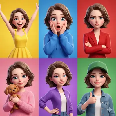 6-panel Pixar-style character emotion grid