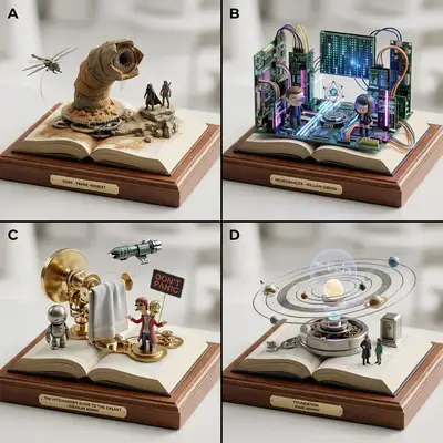 2x2 grid of sci-fi book kinetic sculptures