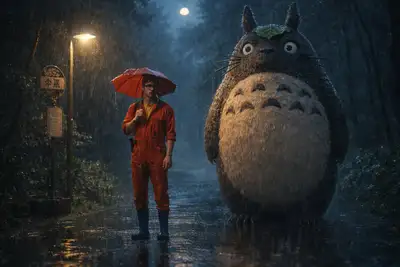 Rainy Night Japanese Bus Stop with Totoro