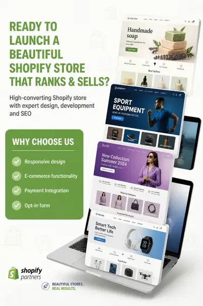 Shopify-Agentur-Marketingflyer mit Laptop-Mockup-Collage