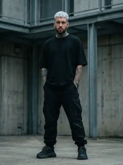 Identity-preserving edgy restyle with tattoos and piercings