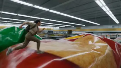 Mulher em miniatura faz parkour em uma loja de conveniência gigante