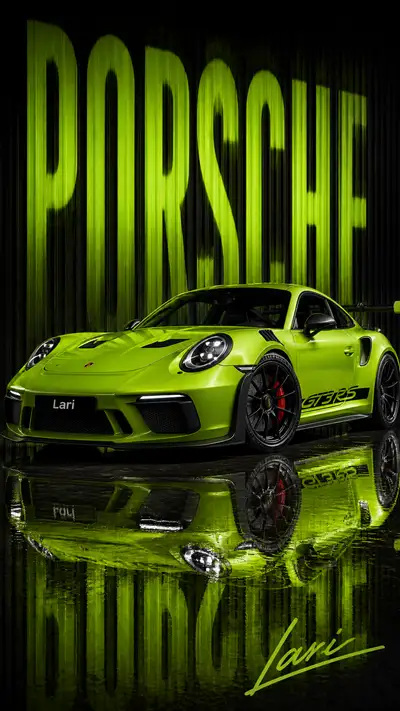 Mixed media automotive poster with acid green Porsche 911 GT3 RS