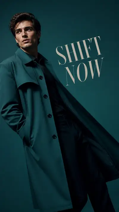 Teal trench coat premium editorial campaign portrait
