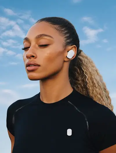 Confident woman with earbuds against a blue sky