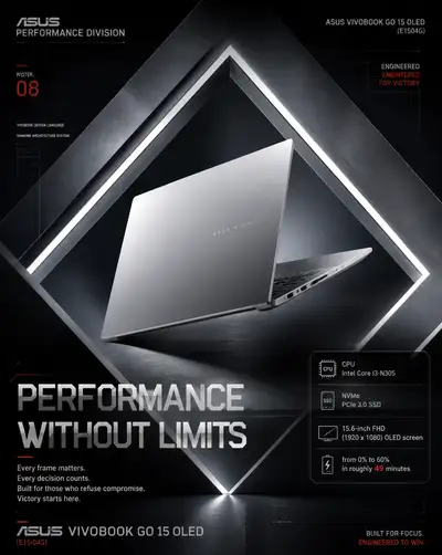 Ultra-premium ASUS Vivobook Go laptop advertising poster