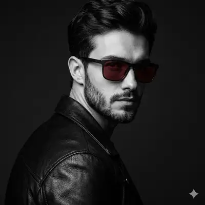 High-contrast black-and-white portrait with red-tinted sunglasses
