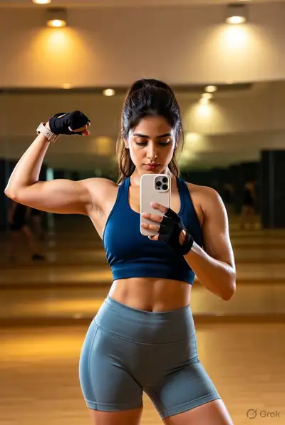 Selfie photoréaliste devant le miroir de la salle de sport, biceps contracté