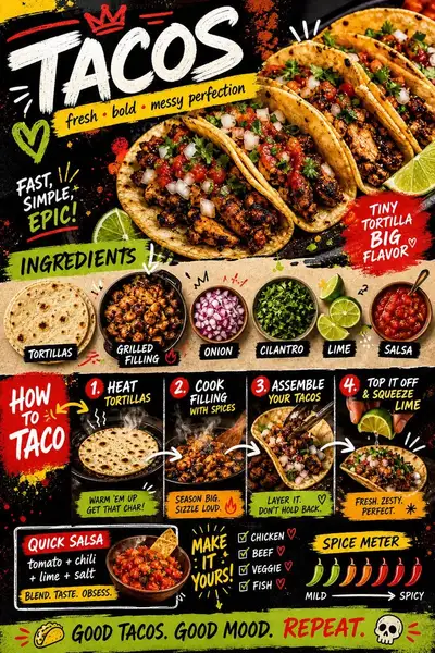 Design einer Rezeptkarte für Tacos im Street-Food-Stil