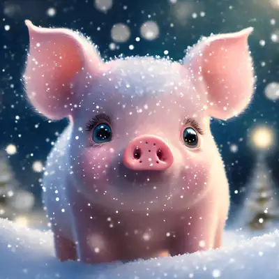 Render 3D de Porco Branco-Rosado Bebê na Neve