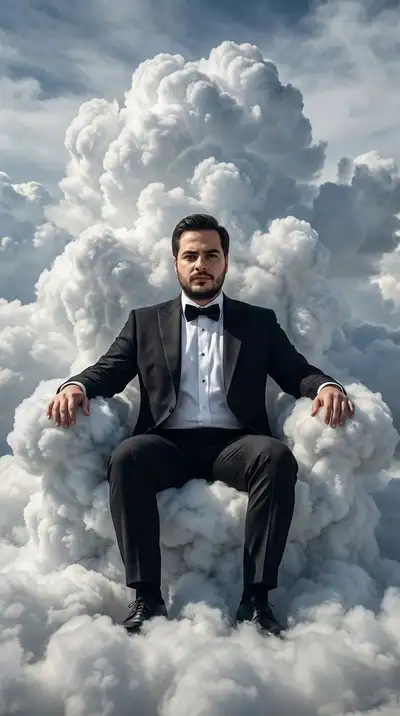 穿着燕尾服的强大男人坐在云朵制成的宝座上