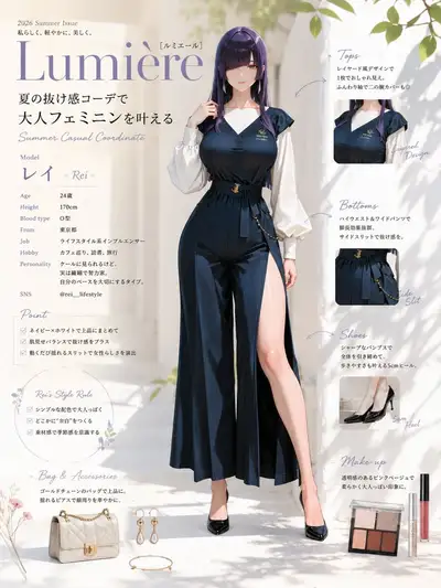 High-end editorial fashion portrait in navy jumpsuit