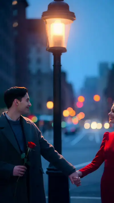Romantic Couple Under Street Lamp in NYC at Dusk
