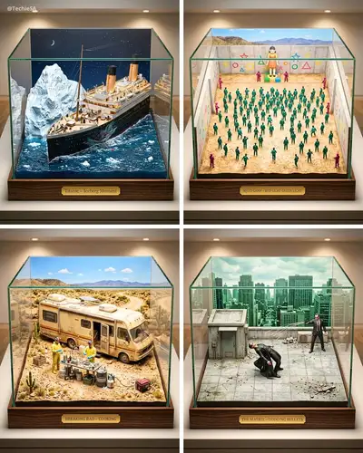 Museum-quality miniature diorama of an iconic movie scene