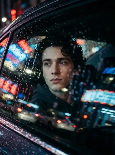 Cinematic Portrait Through a Rainy Car Window at Night