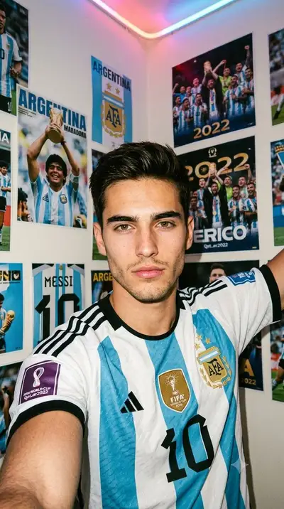 Porträt im argentinischen WM-Trikot, Filmkorn-Ästhetik