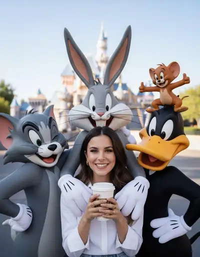 Cheerful Theme Park Photo with Mascot Characters
