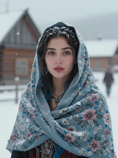 Cinematic winter portrait of a Roma woman in a snowy village