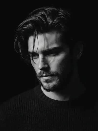 Retrato em preto e branco de clima intenso com um único feixe de luz