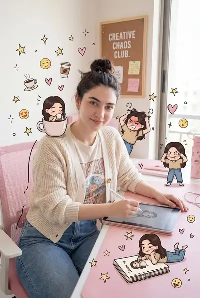 Realistic portrait with chibi versions in a pink creative office