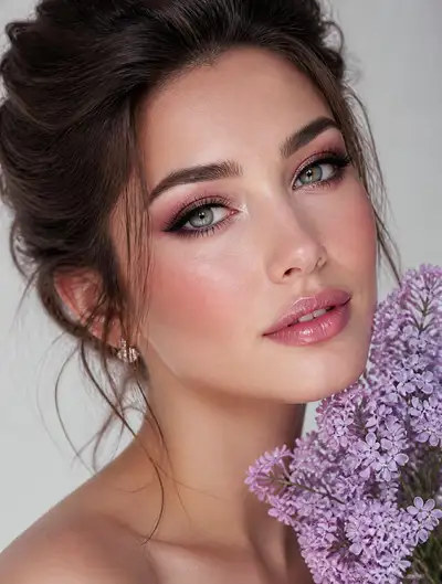 Extreme close-up makeup portrait with lilac flowers