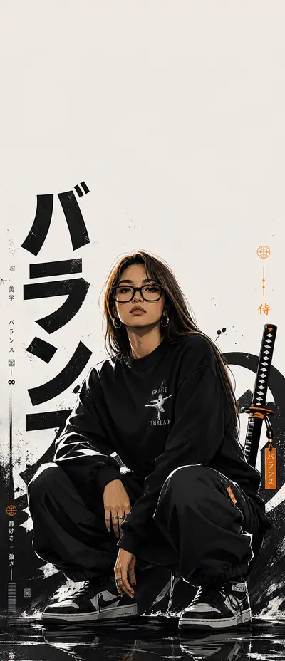 Anime streetwear lock screen wallpaper template with clock safe zone