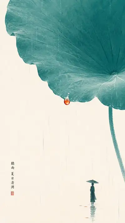 Zen minimalist illustration of a figure under a lotus leaf