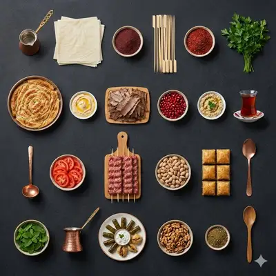Photographie culinaire turque en style knolling avec Nano Banana Pro