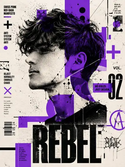 Un póster de ilustración editorial en un estilo audaz de Swiss Punk y neodadaísta. El