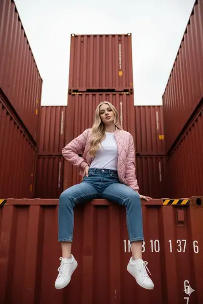 Fashion portrait sitting on a shipping container