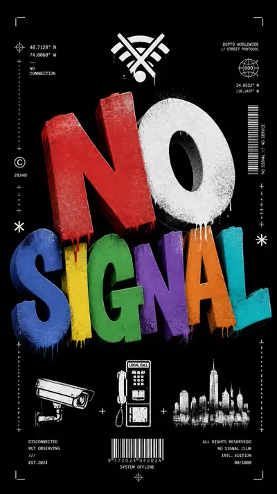 Streetwear t-shirt graphic with bold NO SIGNAL graffiti typography