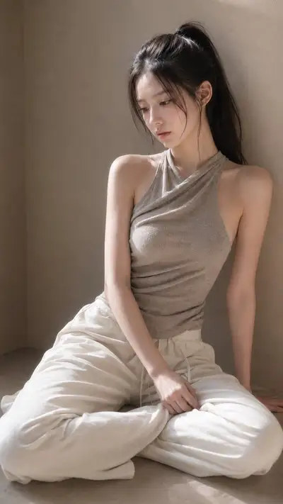 柔らかな昼光の中、コンクリートの床に座るポートレート