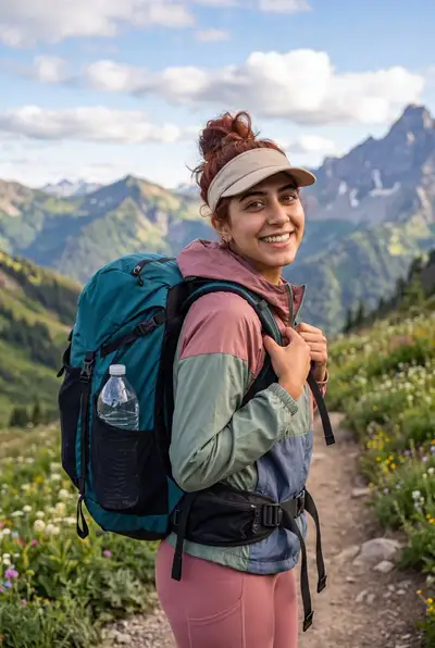 Femme faisant de la randonnée en montagne et regardant vers l'appareil photo