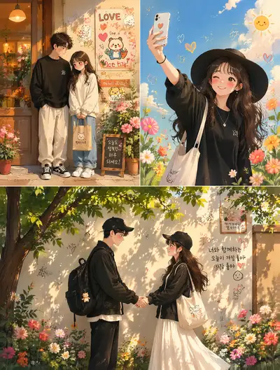 Whimsical Korean pastel illustration couple scenes