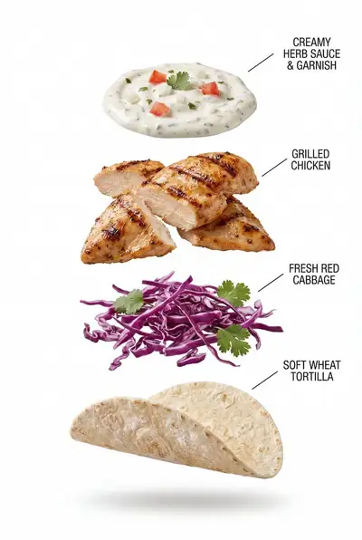 Grilled chicken taco product photo on white background