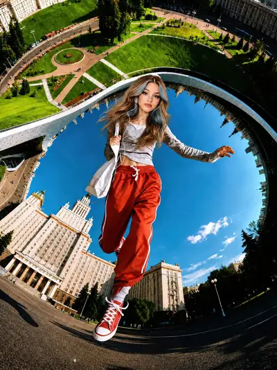 Surrealistisches Fisheye-Sportporträt, schwebend über einem Stadion