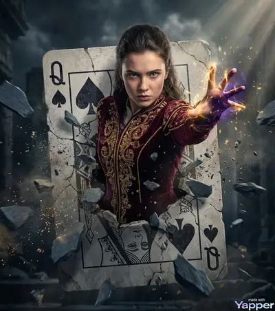 Sorcerer bursting through a cracked playing card poster