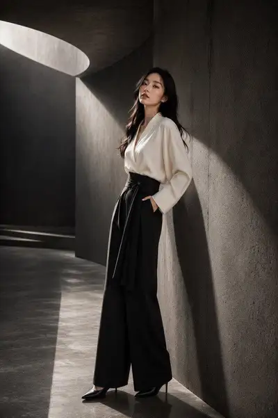 High-fashion studio portrait against curved concrete walls