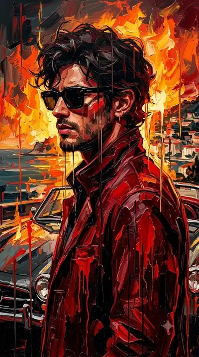 Expressionist Portrait of Man with Vintage Car at Sunset