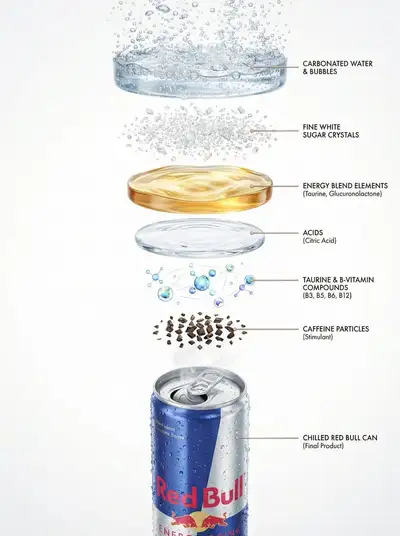 Red Bull can and exploded ingredient infographic set